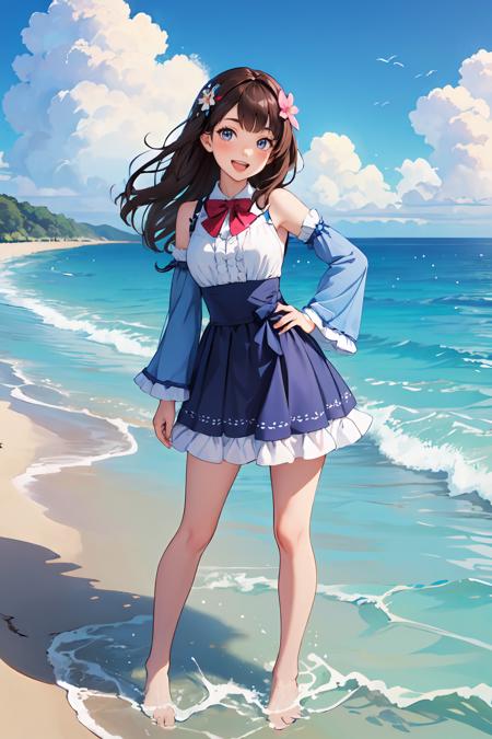 437792-2582199835-masterpiece,best quality,dramatic, 1girl, solo, long hair, brown hair, detached sleeves, open mouth, smile, outdoors, water, sky.png